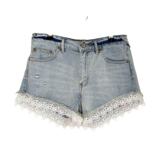 Free People Distressed Denim Lace-Trim Shorts, 26 - Picture 1 of 8